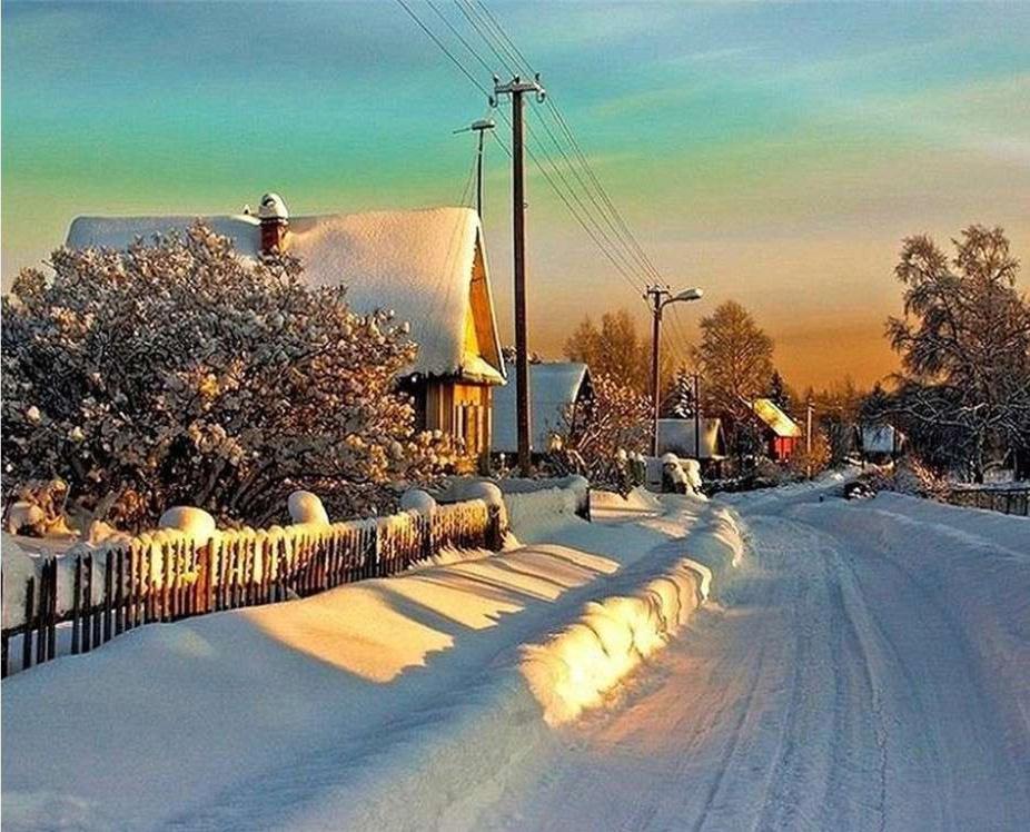 Stadt durch Schnee    Malen nach Zahlen